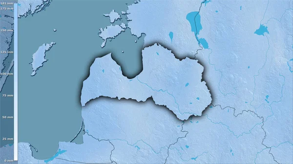 拉脱维亚地区内最寒冷的地区在立体投影中的降水量 深色发光轮廓光栅层的原始成分 — 图库照片