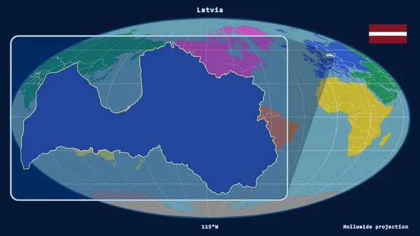 라트비아를 눈으로 웨이드 투영의 지도에 보인다 왼쪽에 형상이 있습니다 대륙의 — 스톡 사진