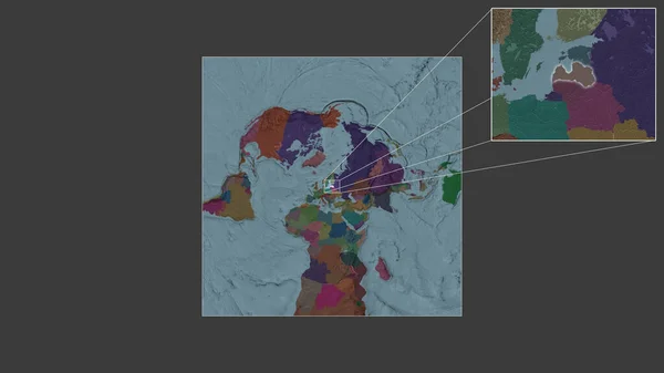 从世界大比例尺地图中提取出的拉脱维亚扩大和扩大的地区 其主要线连接了框架的各个角落 行政区划的彩色地图 — 图库照片