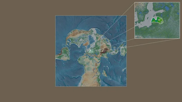 从世界大比例尺地图中提取出的拉脱维亚扩大和扩大的地区 其主要线连接了框架的各个角落 彩色物理图 — 图库照片