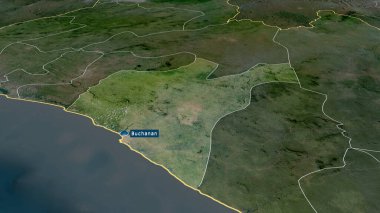 Grand Bassa - Liberya ilçesi sermaye ile yakınlaştırıldı ve vurgulandı. Uydu görüntüleri. 3B görüntüleme