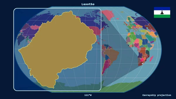 空の投影で世界地図に対して遠近法線とレソトアウトラインの拡大表示 左側の形 行政区画のカラーマップ — ストック写真