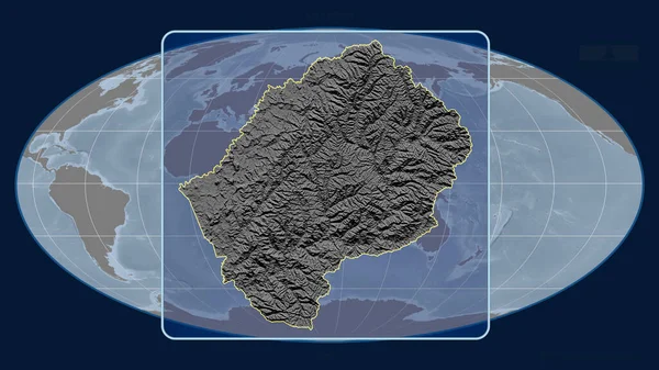 Zoomed-in view of Lesotho outline with perspective lines against a global map in the Mollweide projection. Shape centered. grayscale elevation map