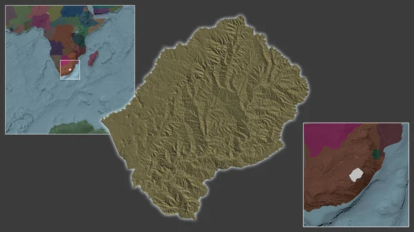 Detailní Záběr Lesotha Jeho Umístění Regionu Středu Rozsáhlé Mapy Světa — Stock fotografie