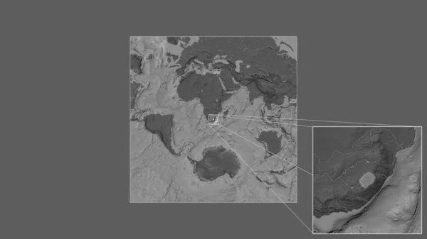 世界の大規模地図から抽出されたレソトの拡大拡大領域と フレームの隅を結ぶ主要線 標高マップ — ストック写真