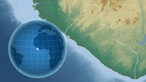 Liberia. Globe with the shape of the country against zoomed map with its outline. topographic relief map