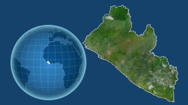 Liberia Globus Kształcie Kraju Powiększonej Mapie Odizolowanym Zarysem Niebieskim Tle — Zdjęcie stockowe
