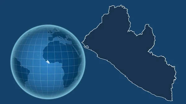 Libérie Globe Tvarem Země Proti Zvětšené Mapě Obrysem Izolovaným Modrém — Stock fotografie
