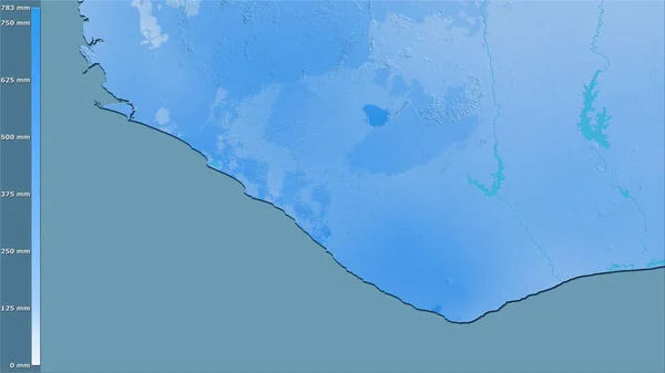 伝説のある立体投影のリベリア地域内で最も暖かい四半期の降水量 ラスター層の生の組成 — ストック写真