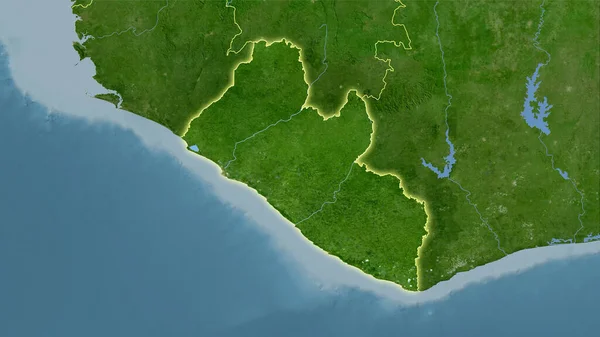 卫星B地图上立体投影中的利比里亚地区 具有发光轮廓的栅格层的原始组成 — 图库照片