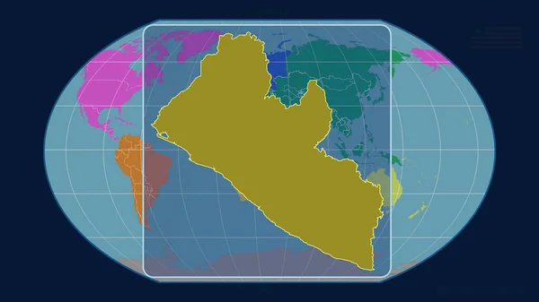 根据Kavrayskiy投影中的全球地图 用透视线将利比里亚的轮廓放大 形体中心 各大洲的彩色地图 — 图库照片