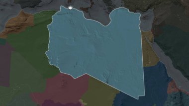 Libya 'nın vurgulanmış bölgesi, semtinin doyumsuz haritasında sermaye noktası ile vurgulanıyor. İdari bölümün renk haritası