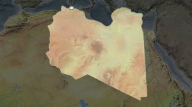 Libya 'nın vurgulanmış bölgesi, semtinin doyumsuz haritasında sermaye noktası ile vurgulanıyor. Topografik harita