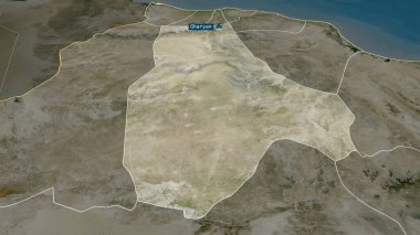 Al Jabal al Gharbi - Libya ilçesi büyümüş ve sermaye ile vurgulanmıştı. Uydu görüntüleri. 3B görüntüleme