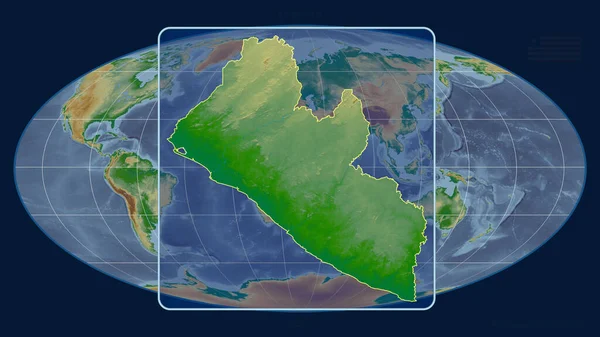 在Mollweide投影中 用透视线将利比里亚的轮廓与全球地图对齐 形体中心 彩色物理图 — 图库照片