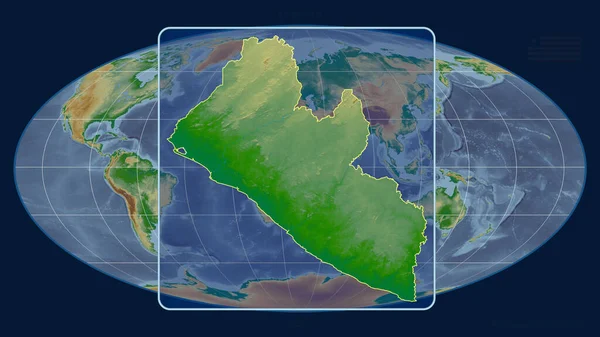 Увеличенный Вид Либерии Перспективными Линиями Против Глобальной Карты Проекции Моллвейда — стоковое фото