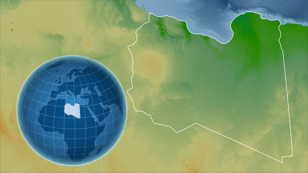 リビア アウトラインを持つ拡大地図に対して国の形を持つグローブ 色物理図 — ストック写真