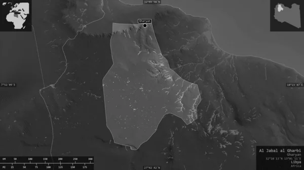 Jabal Gharbi Distrito Libia Mapa Escala Grises Con Lagos Ríos — Foto de Stock