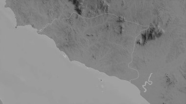 Melaka, Malezya eyaleti. Gölleri ve nehirleri olan gri tonlu bir harita. Ülke alanına göre şekillendirilmiş. 3B görüntüleme