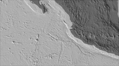 Tektonik plakalar, Rivera plaka alanına komşu bölgelerin bilek yüksekliği haritasında yer almaktadır. Van der Grinten I yansıması (eğik dönüşüm)
