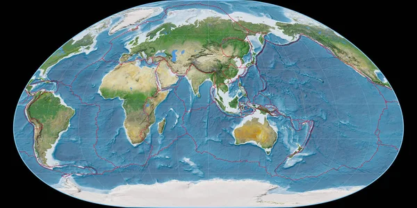 Карта Мира Проекции Локсимуталя Сосредоточена Восточной Долготе Спутниковые Снимки Композитный — стоковое фото