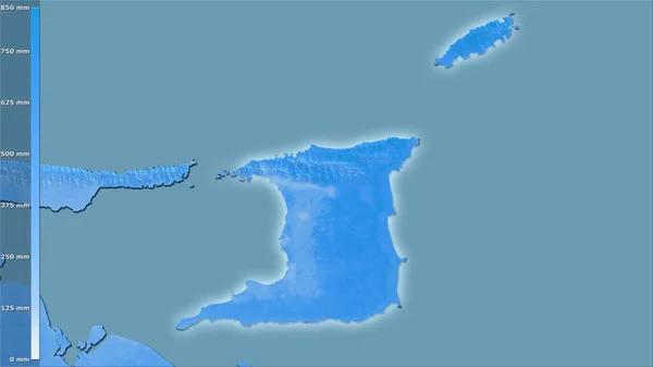 伝説と立体投影のトリニダード トバゴ地域内で最も暖かい四半期の降水量 光輝く輪郭を持つラスター層の生の組成 — ストック写真