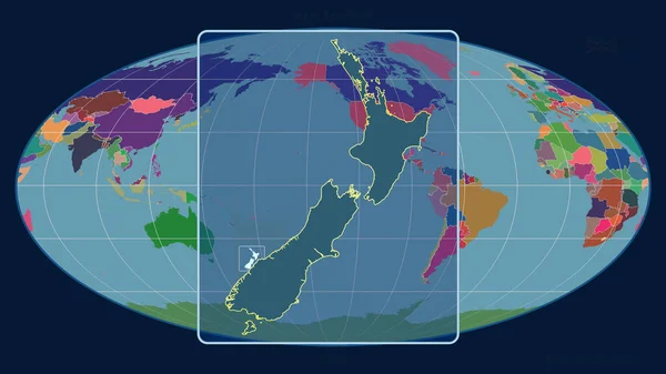 在Mollweide投影中 用透视线与全球地图对齐 放大了新西兰的轮廓 形体中心 行政区划的彩色地图 — 图库照片