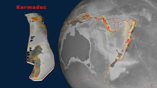 Kermadecka Płyta Tektoniczna Opisana Wytłaczana Prezentowana Kuli Ziemskiej Mapa Wysokości — Zdjęcie stockowe