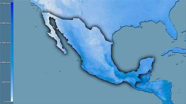 Precipitation of wettest quarter within the Mexico area in the stereographic projection with legend - raw composition of raster layers with dark glowing outline