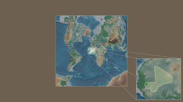 世界の大規模な地図から抽出されたマリの拡大 拡大された地域で フレームの隅を結ぶ主要線があります 地図の色 — ストック写真