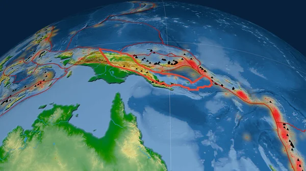 Drewniana Płyta Tektoniczna Zarysowana Kuli Ziemskiej Mapa Fizyczna Koloru Renderowanie — Zdjęcie stockowe