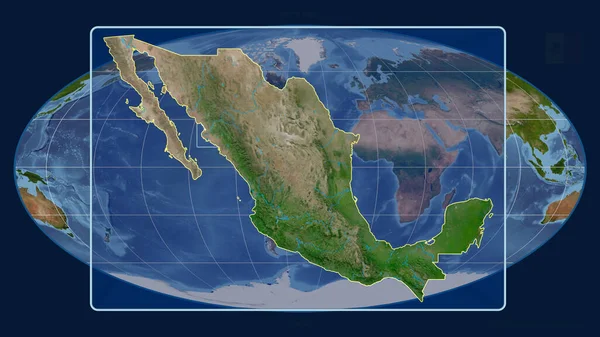 Zoomed-in view of Mexico outline with perspective lines against a global map in the Mollweide projection. Shape centered. satellite imagery