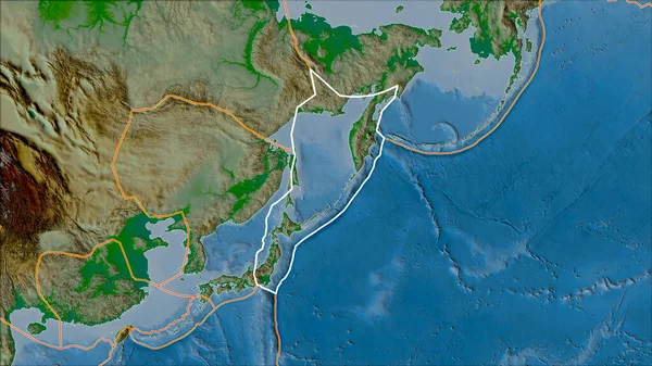 Очерченная Охотская Тектоническая Плита Границы Соседних Плит Физической Карте Проекции — стоковое фото