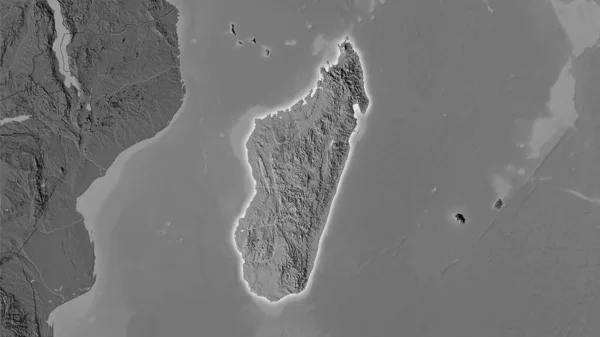 立体投影の二階の標高マップ上のマダガスカルエリア 光輝く輪郭とラスター層の生の組成 — ストック写真
