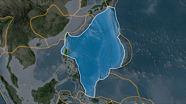 衛星上のフィリピン海地殻プレートの概要隣接する地域の砂漠化によって分離された地図 ヴァン グリンテンI予測 斜めの変換 — ストック写真