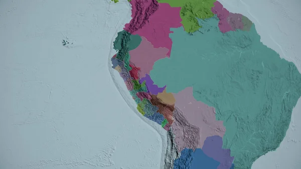 Peru zoomed and neighborhood. Colored and bumped map of the administrative division. 3D rendering