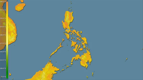 菲律宾地区内带有图例的立体投影中最暖四分之一的平均温度 光栅层的原始成分 — 图库照片