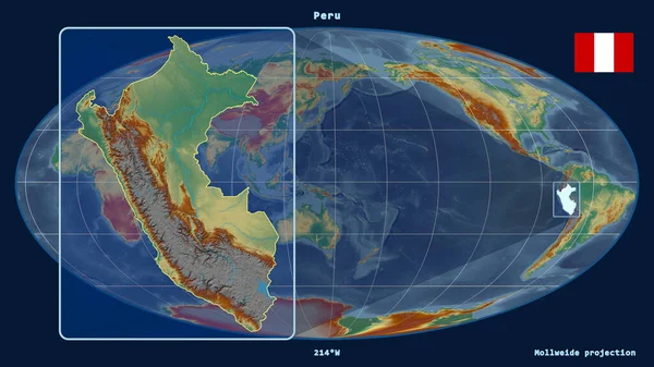 Vergrößerte Ansicht Von Peru Mit Perspektivischen Linien Gegen Eine Weltkarte — Stockfoto
