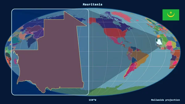 Втілена Точки Зору Мавританії Лінія Перспектив Проти Глобальної Карти Проекції — стокове фото