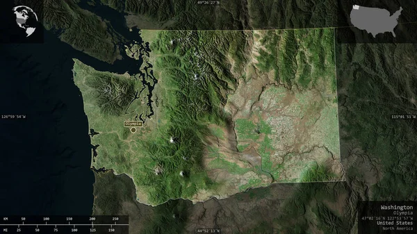 Washington, state of United States. Satellite imagery. Shape presented against its country area with informative overlays. 3D rendering