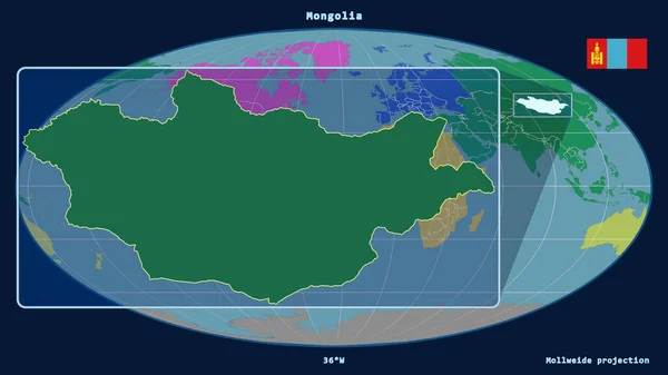 Przybliżone Spojrzenie Mongolię Zarysie Perspektywicznymi Liniami Wobec Globalnej Mapy Projekcji — Zdjęcie stockowe
