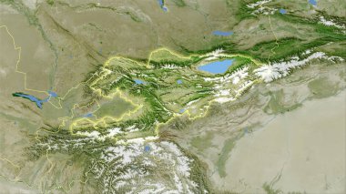 Uydu B haritasında Kırgızistan bölgesi stereografik projeksiyonda - ışık saçan ana hatlı raster tabakalarının ham bileşimi