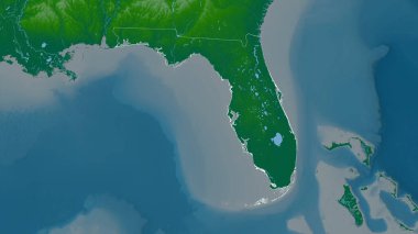 Florida, Birleşik Devletler Eyaleti. Gölleri ve nehirleri olan renkli gölge verileri. Ülke alanına göre şekillendirilmiş. 3B görüntüleme