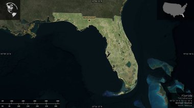 Florida, Birleşik Devletler Eyaleti. Uydu görüntüleri. Ülke alanına karşı bilgilendirici örtülerle sunulan şekil. 3B görüntüleme
