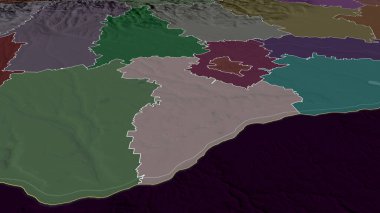 Romanya 'nın Giurgiu ilçesi yakınlaştırıldı ve ön plana çıkarıldı. İdari bölümün renkli ve çarpık haritası. 3B görüntüleme