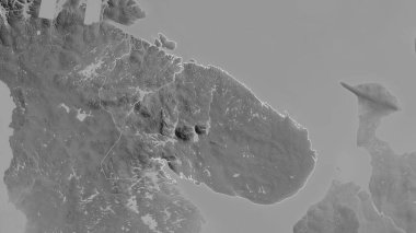 Murmansk, Rusya bölgesi. Gölleri ve nehirleri olan gri tonlu bir harita. Ülke alanına göre şekillendirilmiş. 3B görüntüleme