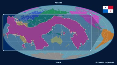 Mollweide projeksiyonundaki küresel bir haritaya karşı Panama 'nın perspektif çizgileri ile yakınlaştırılmış görüntüsü. Sol tarafta bir şekil var. Kıtaların renk haritası