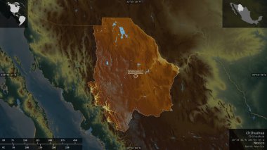 Chihuahua, state of Mexico. Colored relief with lakes and rivers. Shape presented against its country area with informative overlays. 3D rendering clipart