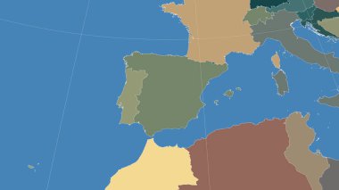 İspanya ve komşuları. Uzak eğimli perspektif - özet yok. idari bölümlerin renk haritası