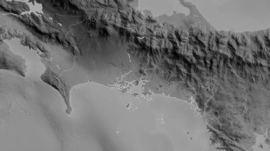 Chiriqui, Panama vilayeti. Gölleri ve nehirleri olan gri tonlu bir harita. Ülke alanına göre şekillendirilmiş. 3B görüntüleme